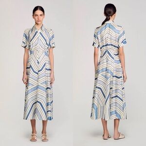 NEW Sandro Spiral-Motif Silk Midi Blue White Collared Shirt Dress Size 40 US 8